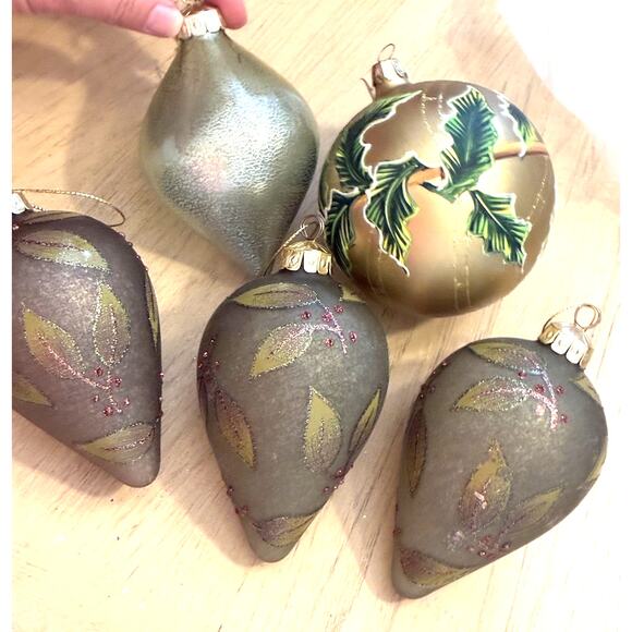 5- Green Gold hand crafted glass Xmas ornaments onion tear drop Glitter Leafs - Picture 14 of 14